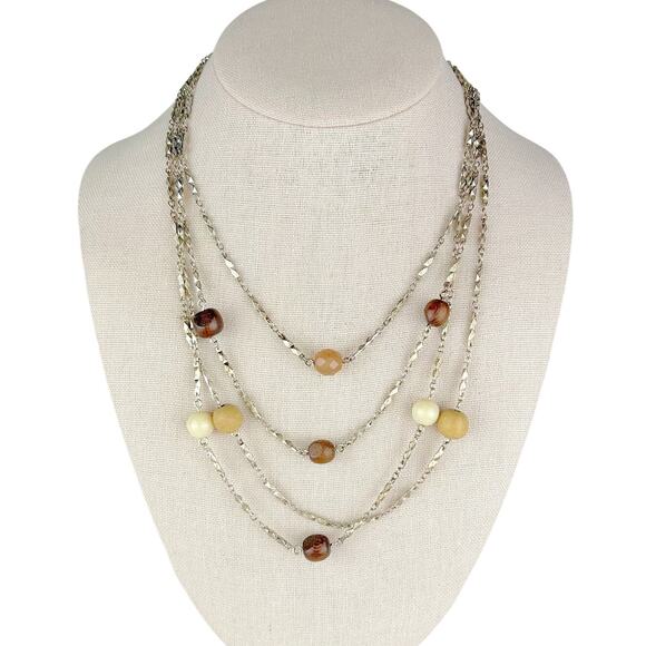 Express Sterling Silver 3-Tier Layered‎ Necklace – Wood Bead Accents, Adjustable - Picture 1 of 4